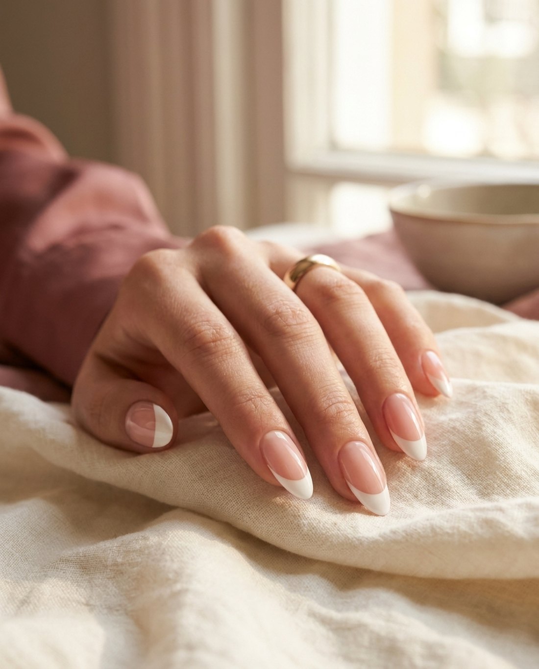 Elegante French manicure op amandelvormige nagels