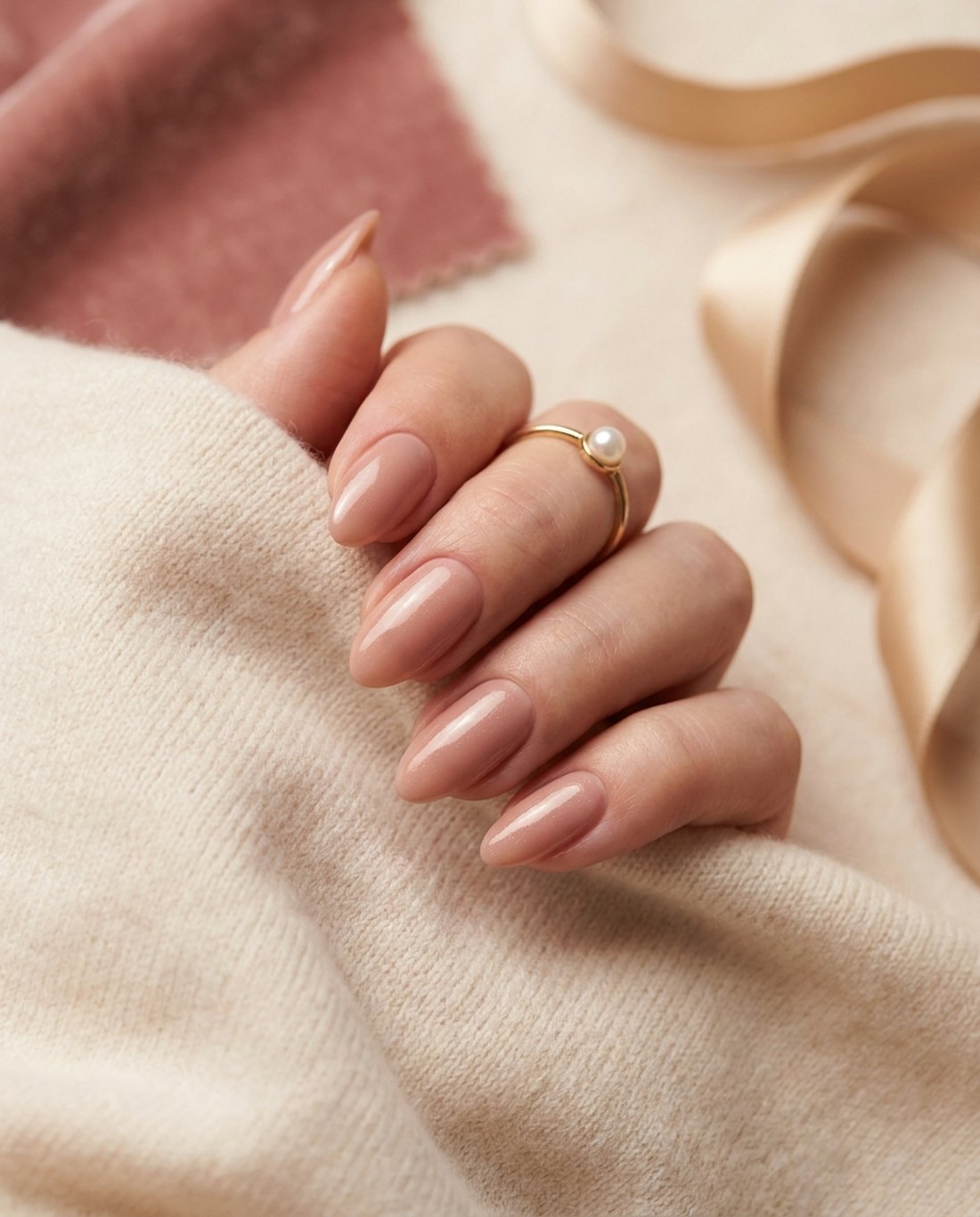 Natuurlijke, glanzende nagels in een zachte nude tint