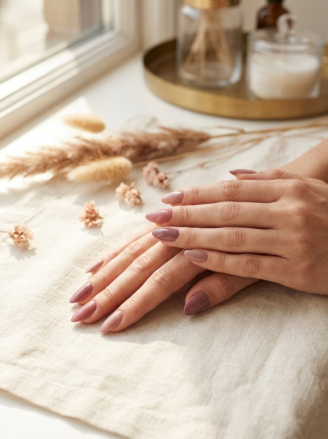 Verzorgde nagels met een zachte glanzende gellak in een dusty rose tint